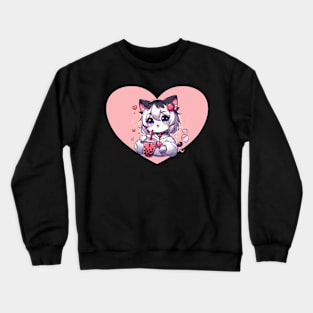 Anime cat enjoying bubble tea Crewneck Sweatshirt